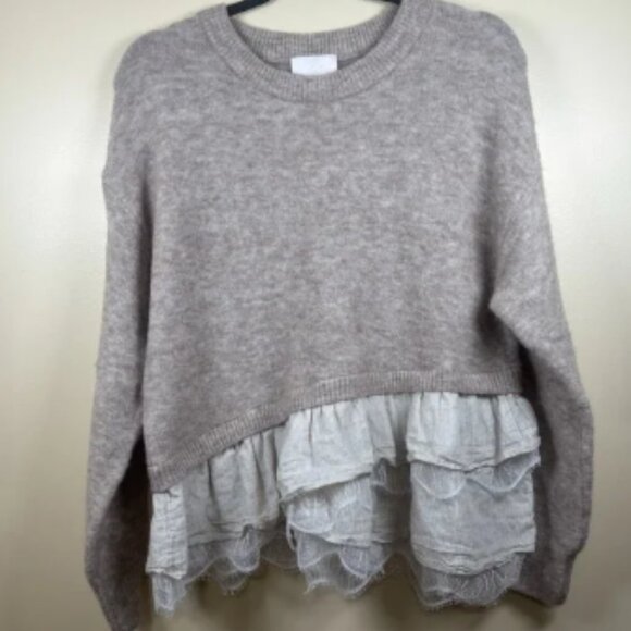Cinq a Sept Womens Ruffle Hem Atlas Pullover Sweater M Oatmeal White EUC - Picture 1 of 7